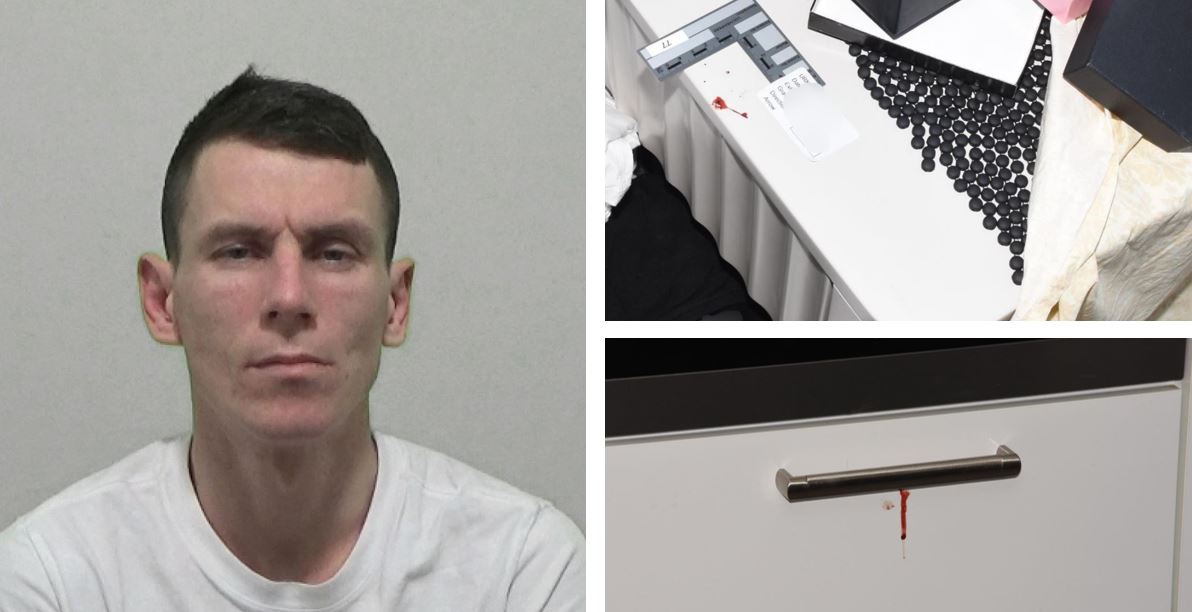 Mugshot of Darren Roberts alongside images of the blood left behind at the scene