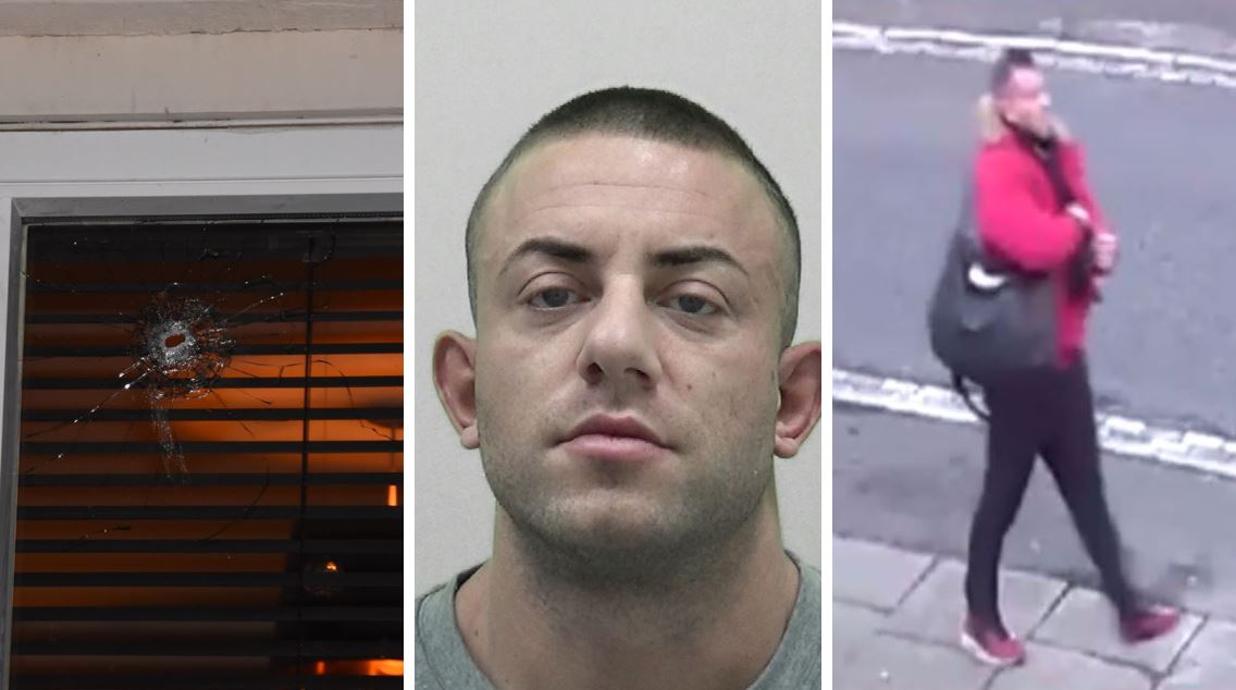 From left, picture of bullet hole in window, mugshot of Nathan Mackay and CCTV of Mackay concealing weapon whilst walking down the street